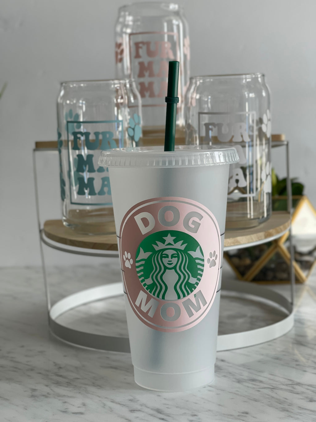 Starbucks 24oz Clear Cold Cup Dog Mom Paw Prints Teal Design